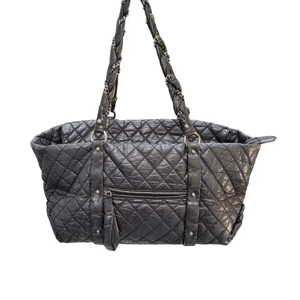 Chanel Lady Braid Black Aged Calfskin Quilted Duffel Tote Braided Chain w/ COA